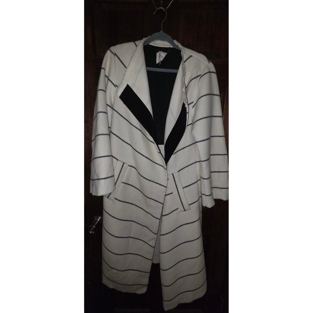 Dorothee Schumacher Wool Blend Striped Long Coat White Navy Blue Shawl Collar 1